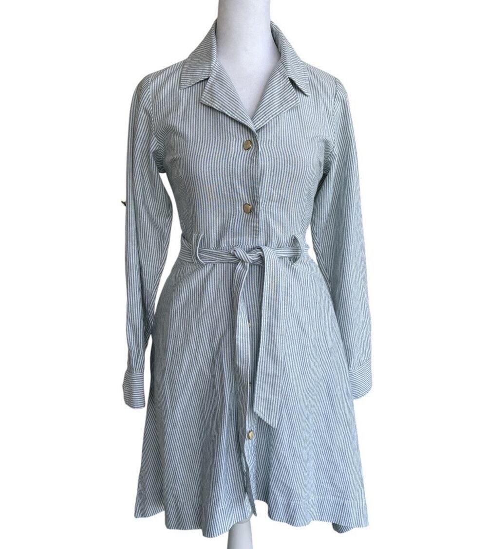 Kiki Lynn Blue White Pinstripe High Low Midi Shirt Dress Sz 2 Modern Workwear